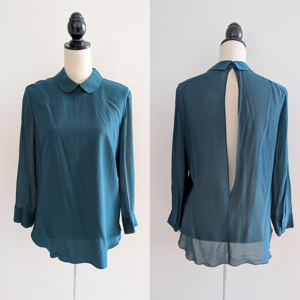 Wilfred Silk Peter Pan Collar Slit Back Turquoise Top Blouse